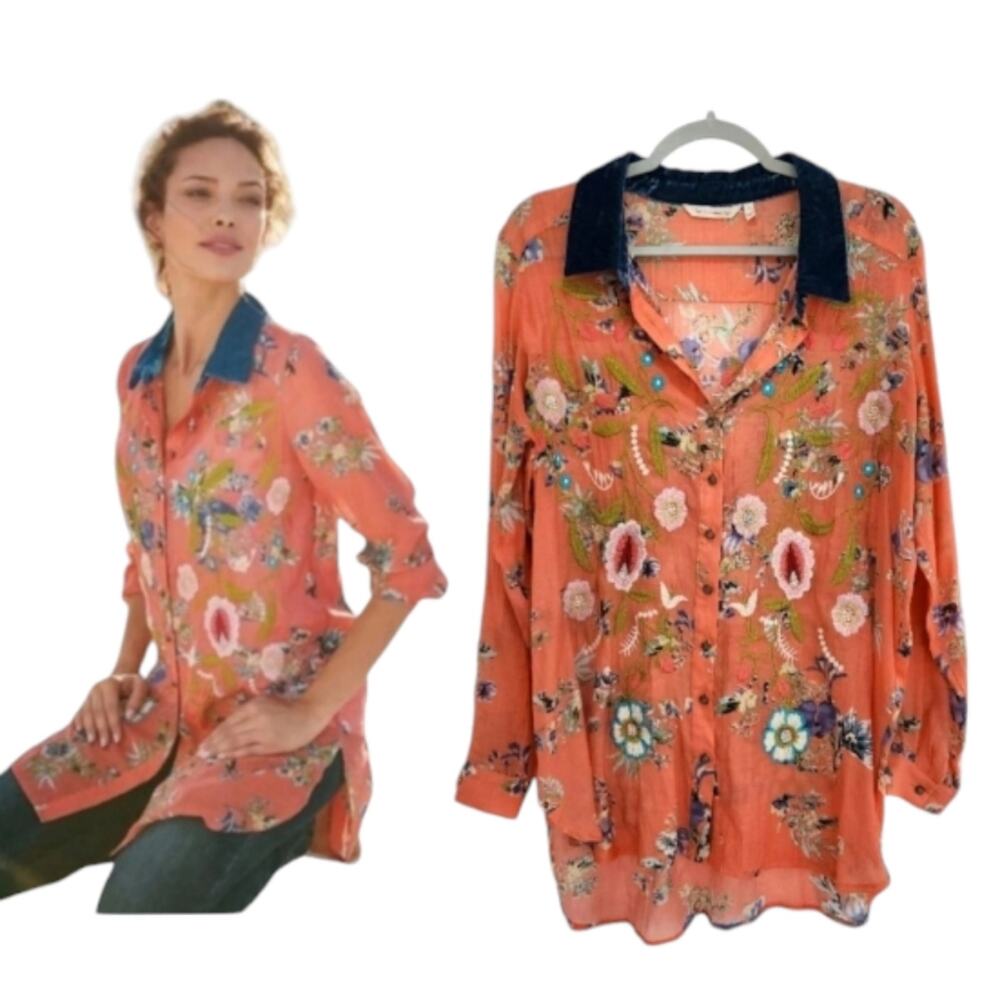 Soft Surroundings Embroidered Slightly Sheer Long Sleeve Shirt & Camisole
